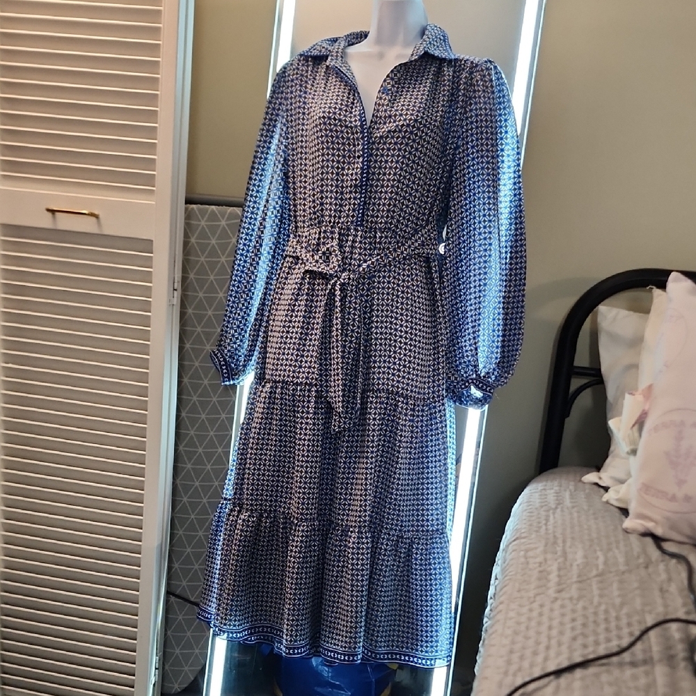 Max Studio Women's Tiered Midi Shirt Dress - Elegant Blue Patterned Dress